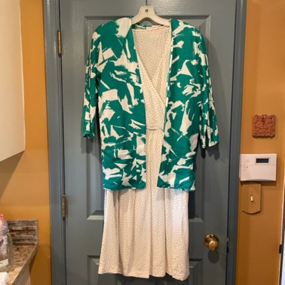 Vintage 80s silk dress w/complementary pattern jacket and sash, new, ivory/green - Picture 2 of 5